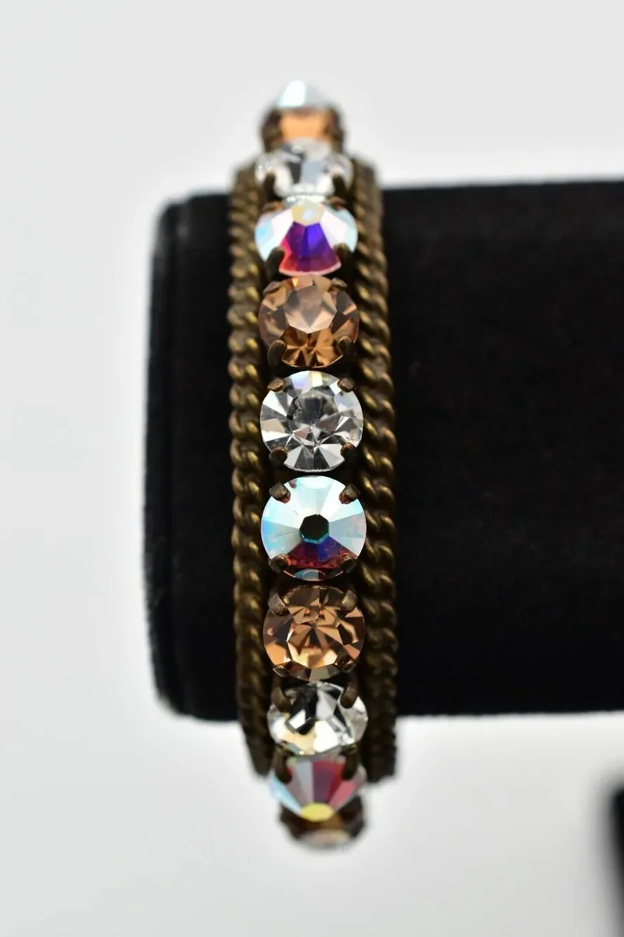 Sorrelli Vintage Crystal Cuff Bangle Aurora Borealis Chocolate Brass Signed BinO